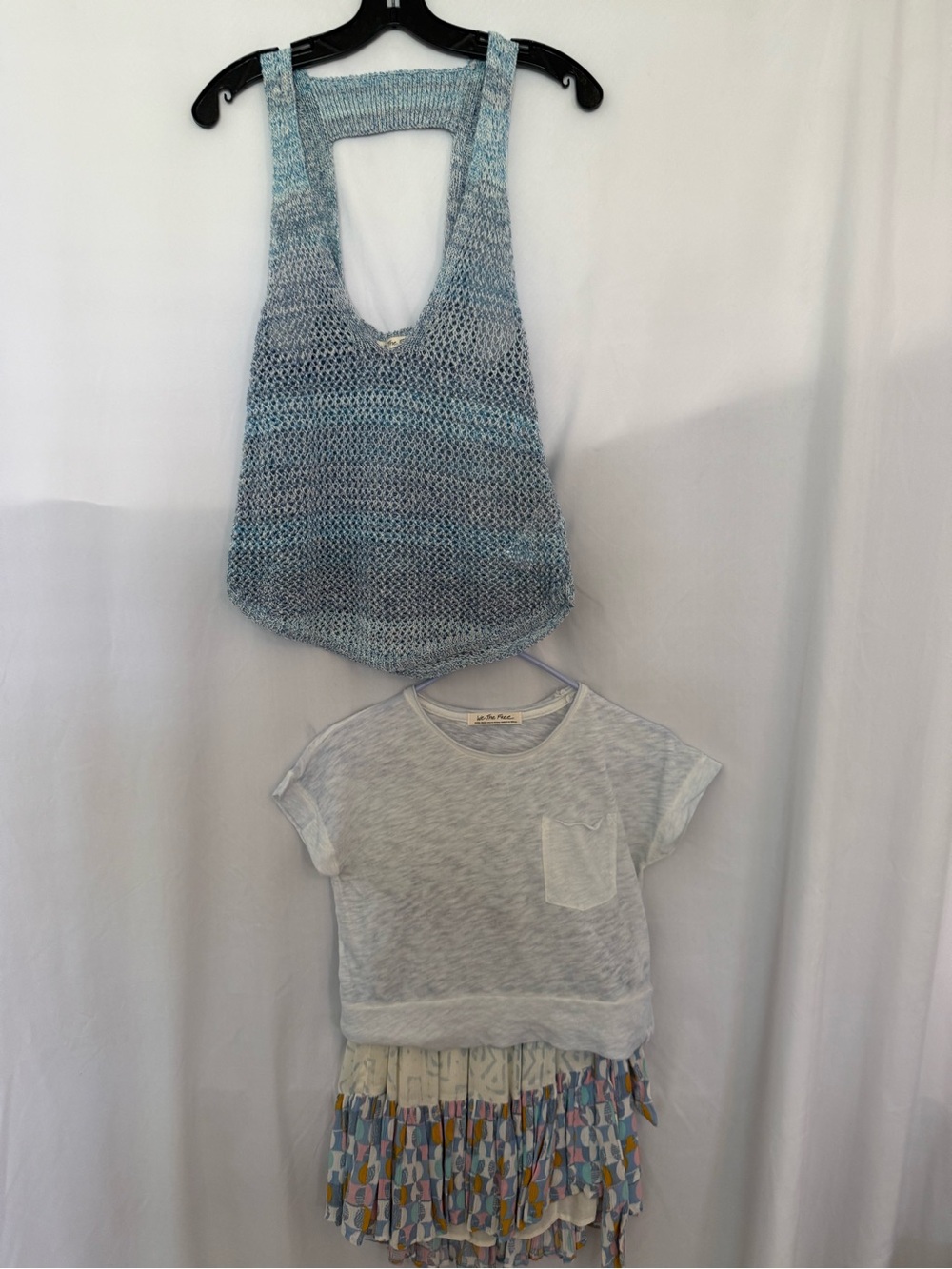 Free People Bundle Light Blue Print Skirt, Crop Tee, Crochet Vest